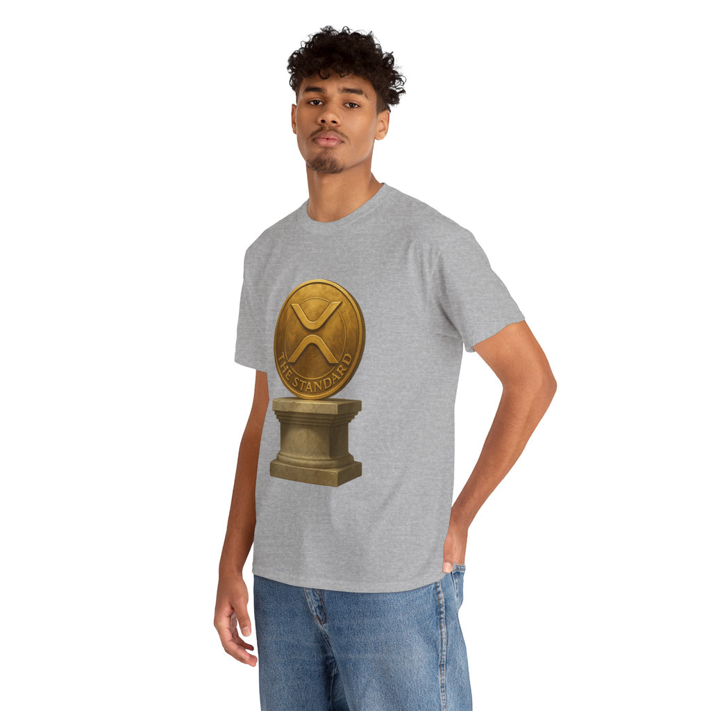 XRP Ledger Trophy T‑Shirt – Gold Ripple Coin on Pedestal Crypto Tee