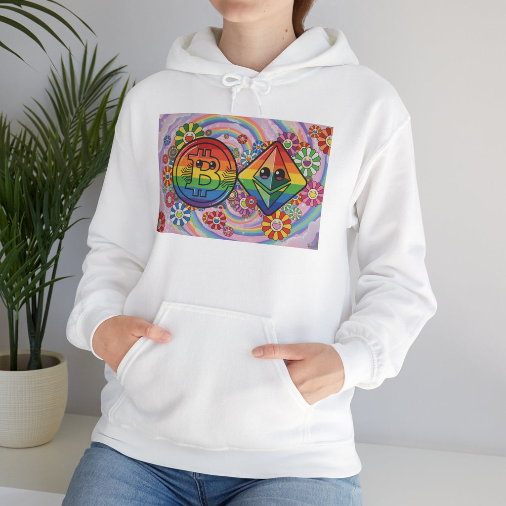 Crypto Flower Power Hoodie — Bitcoin & Ethereum Psychedelic Design