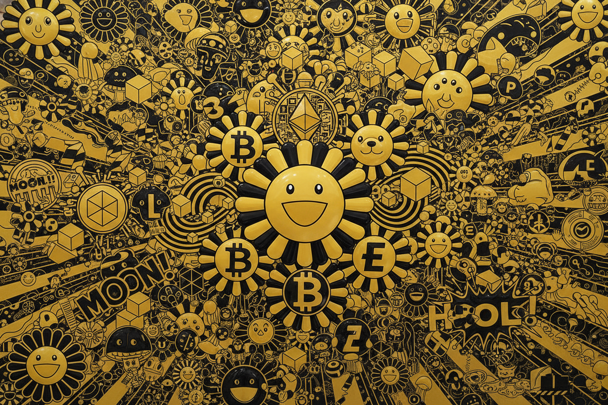 black and gold crypto currency artwork in the style of takashi murakami